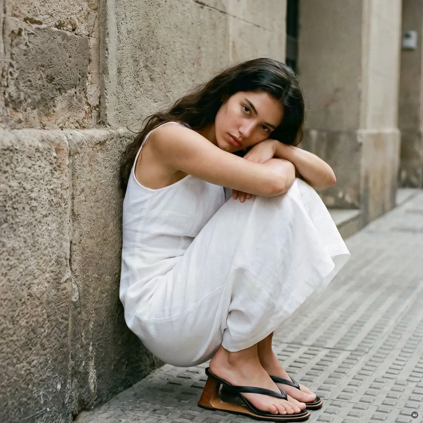 AI-generated fashion image of a model in a white linen dress crouching against a stone wall