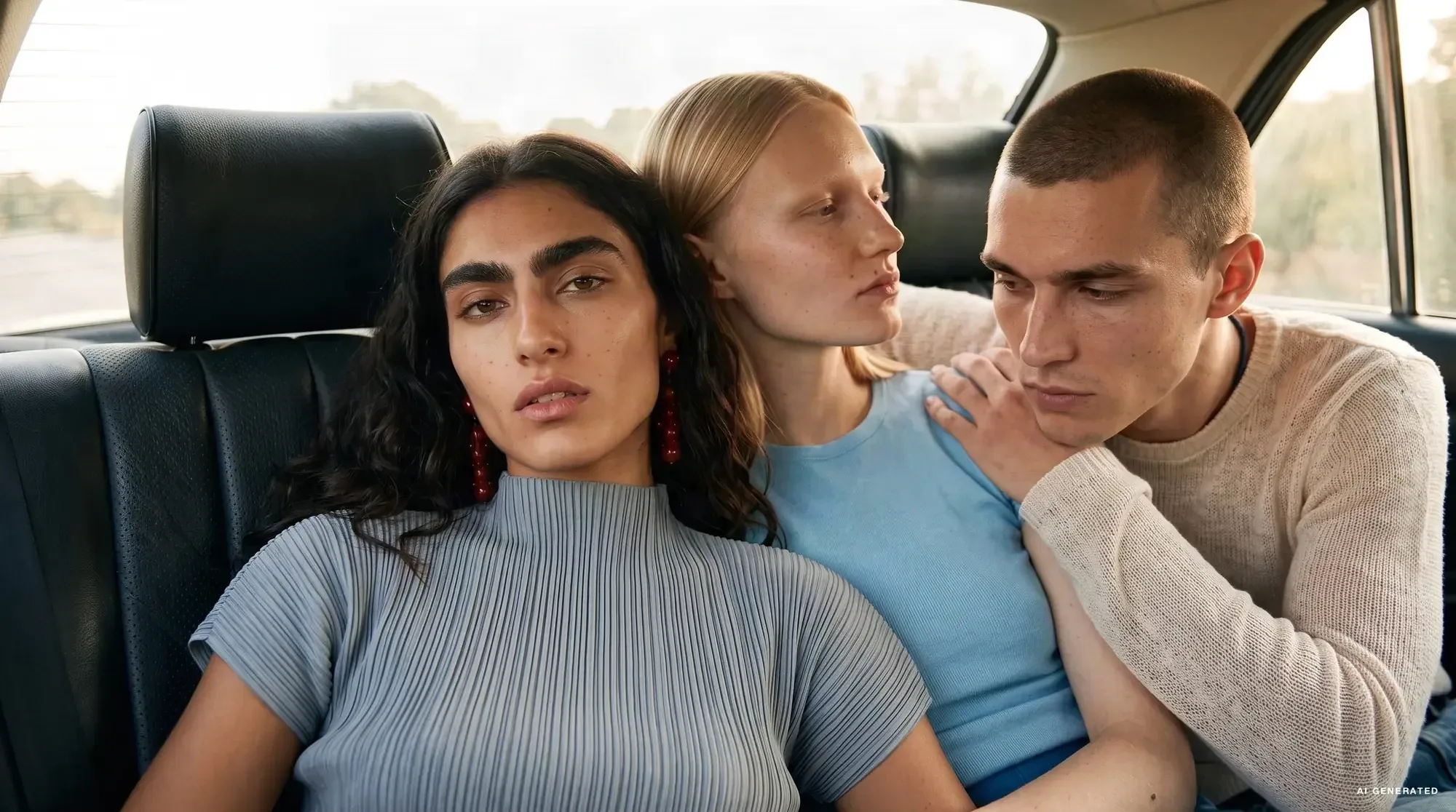 AI-generated image: three young people in knitwear sit close together in the back seat of a car.