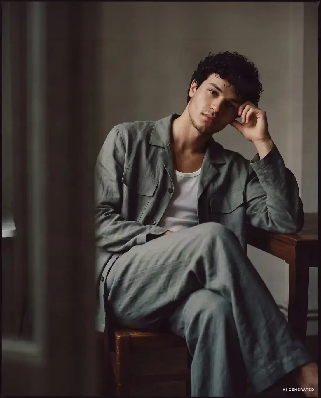 AI-generated image: a man in a grey utility jacket and trousers sits on a chair, hand at his temple.