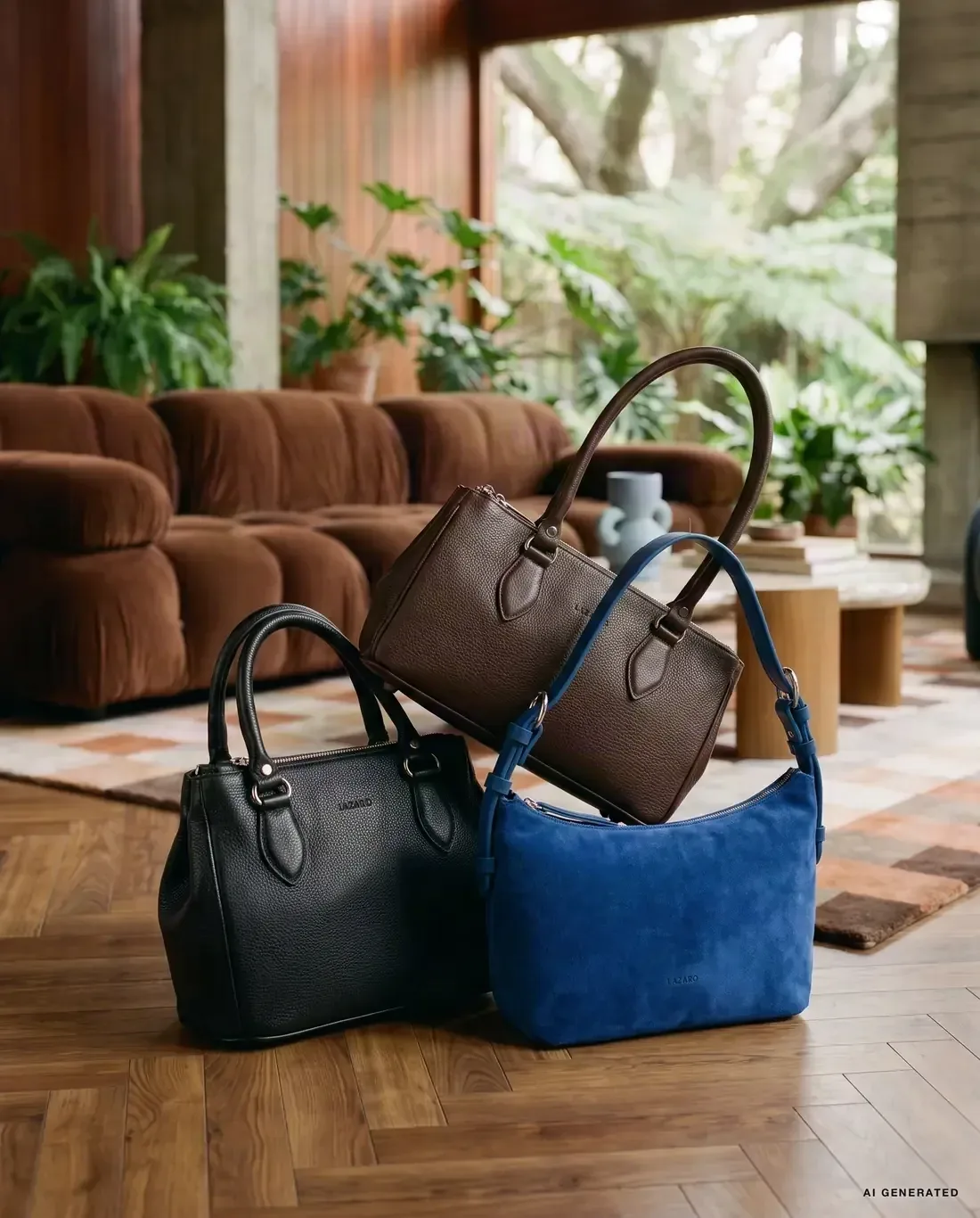 AI-generated still life: three leather and suede handbags on a wooden floor in a sunlit living room.