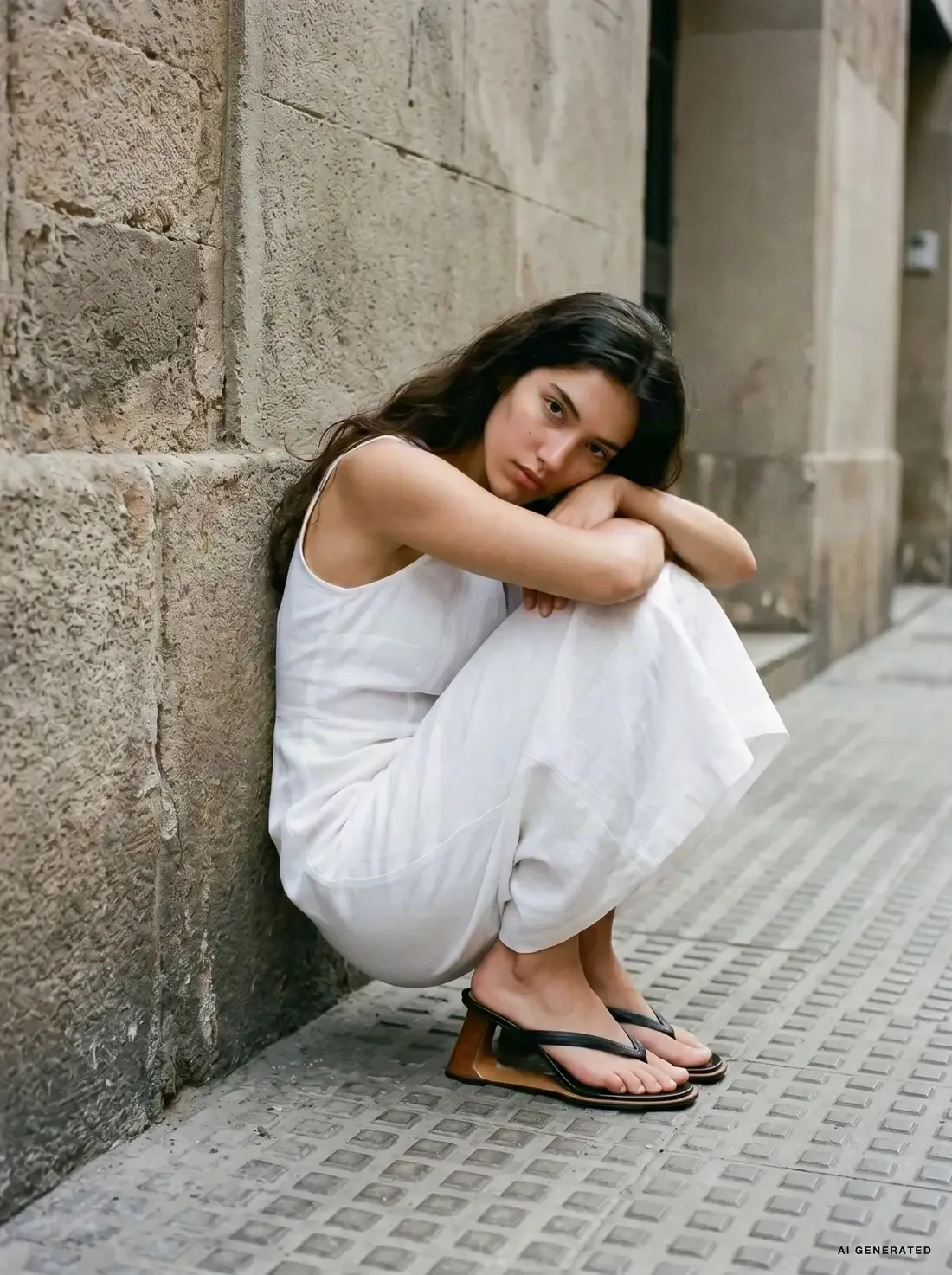 AI-generated image: woman in a white top and loose white trousers crouching against a stone wall.