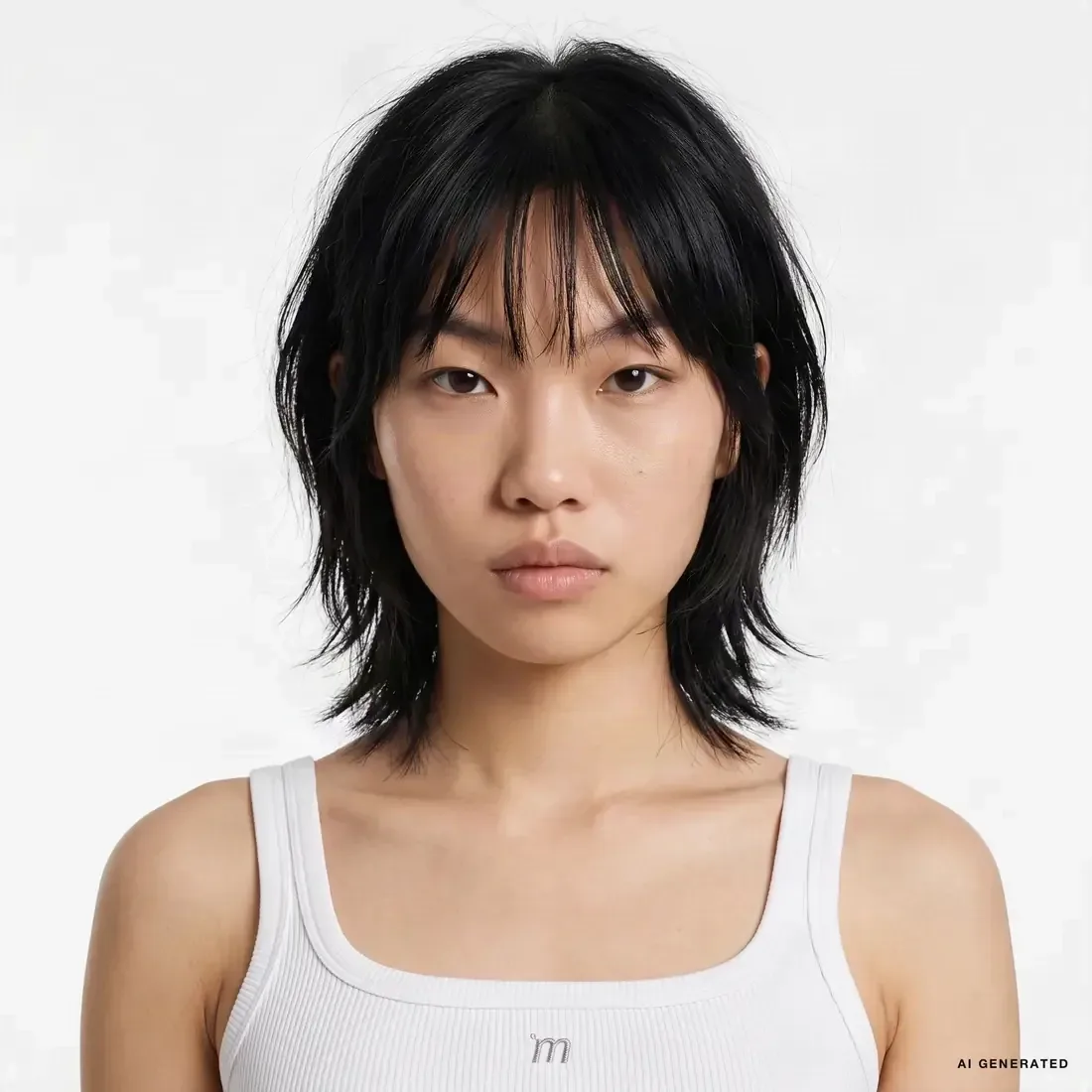 AI-generated studio portrait: a woman with a black bob in a white tank top against a white background.