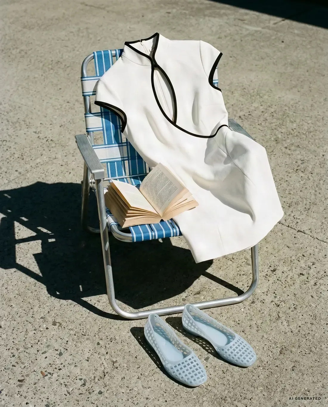 AI-generated still life: a white dress with black trim, an open book and blue gingham flats on a striped folding chair.