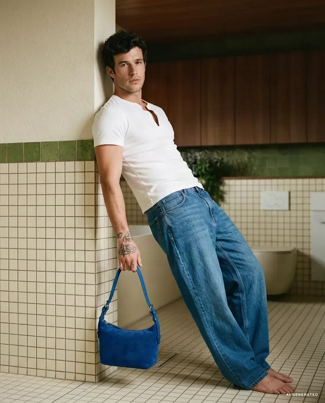 AI-generated image: man in a white t-shirt and wide jeans holding a blue suede bag, leaning on a tiled wall.