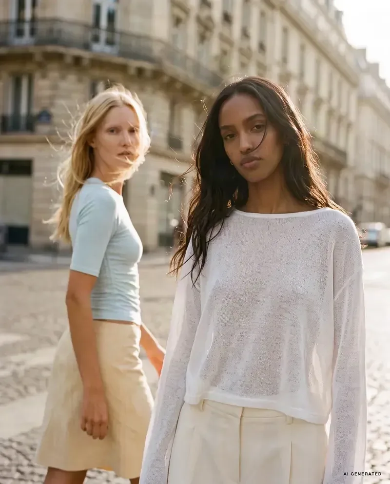 AI-generated image: two women in light knitwear on a Parisian street.