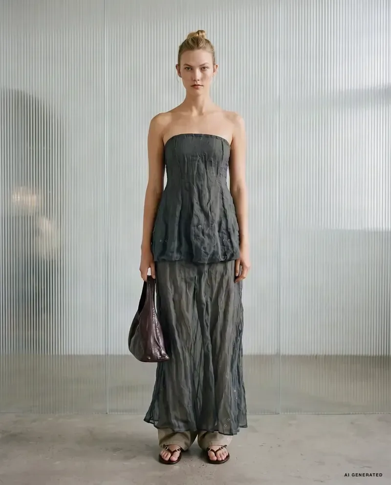 AI-generated image: woman in a grey crinkled strapless dress in a pale studio.