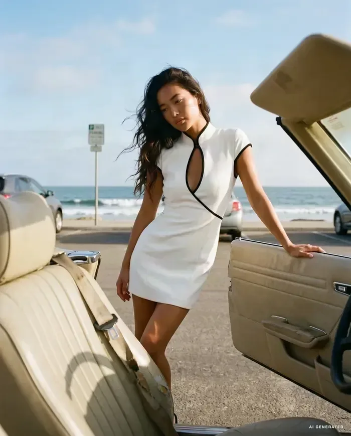 AI-generated image: woman in a white dress with black piping beside a vintage convertible by the sea.