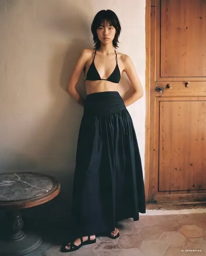 AI-generated image: woman in a black bikini top and long black skirt against a plaster wall.
