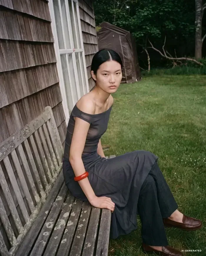AI-generated image: woman in a grey off-shoulder dress on a wooden bench in a garden.