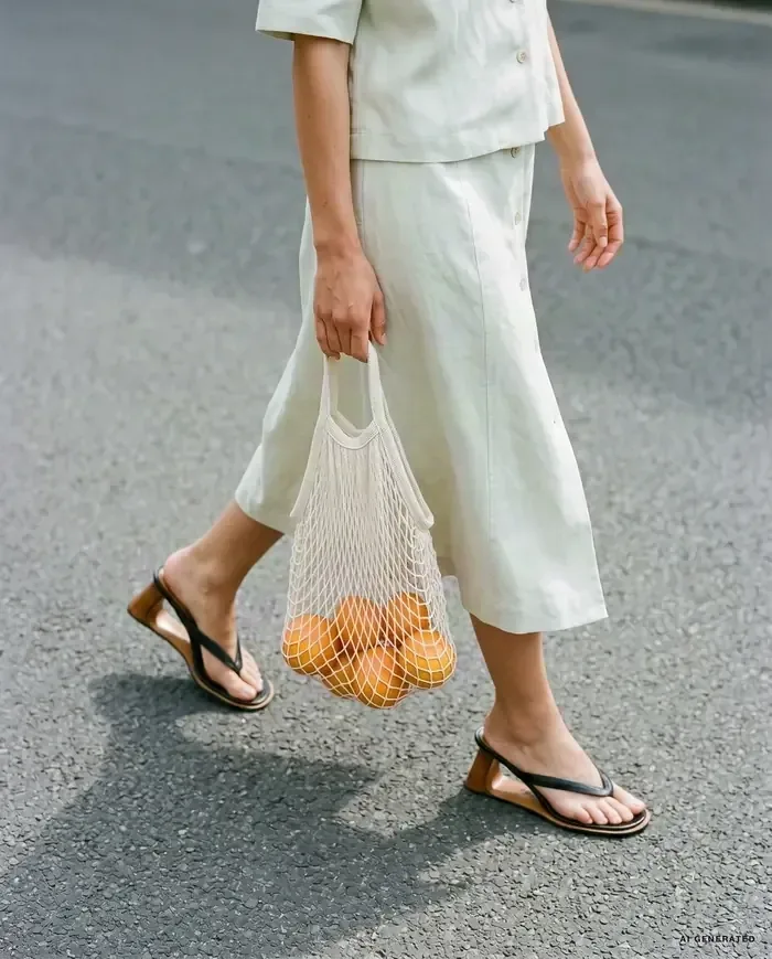 AI-generated image: white linen trousers, sandals and a string bag of oranges on a street.