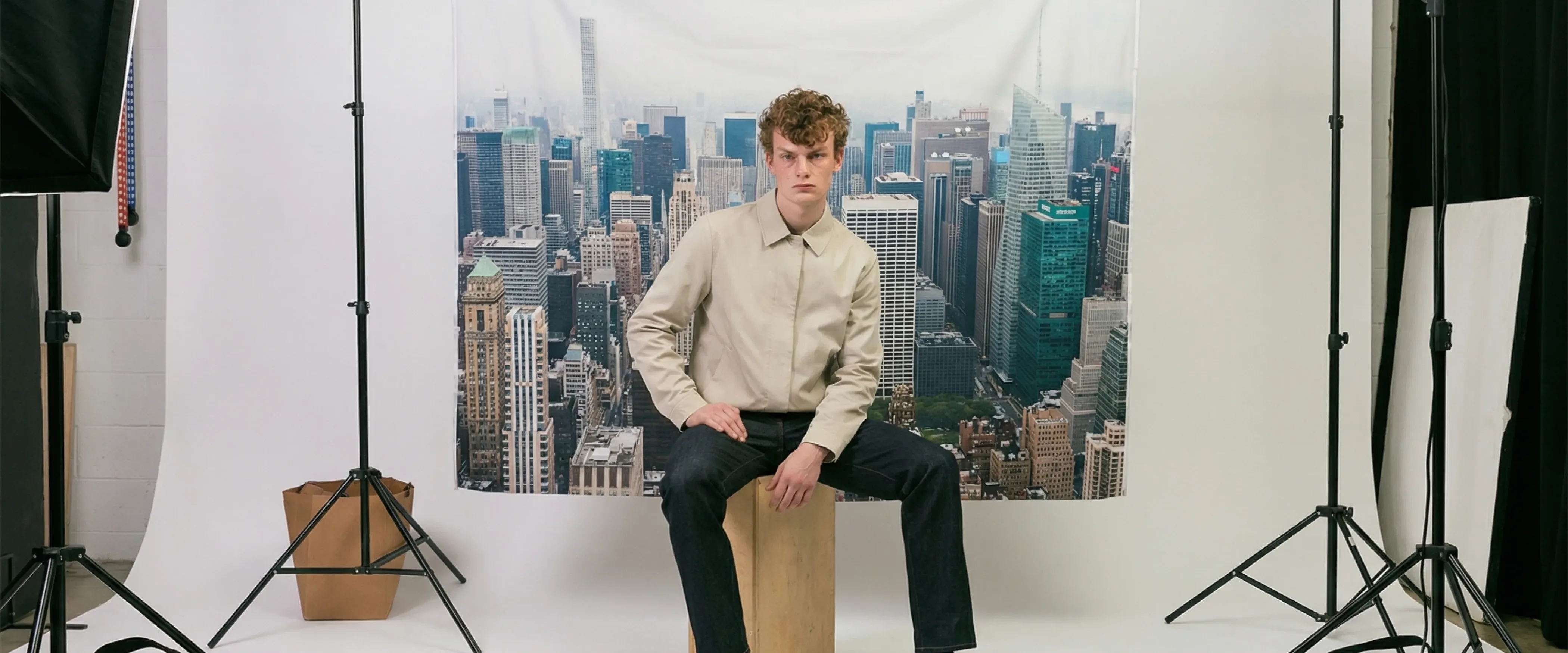 Modelia studio production with city backdrop
